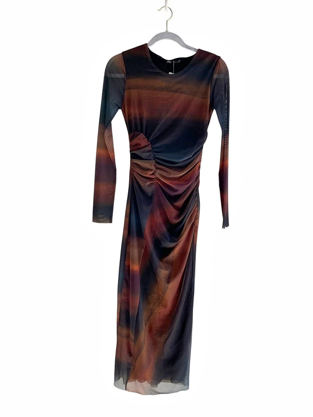 Zara Abstract Ruched Maxi Dress in Black & Orange Size Medium